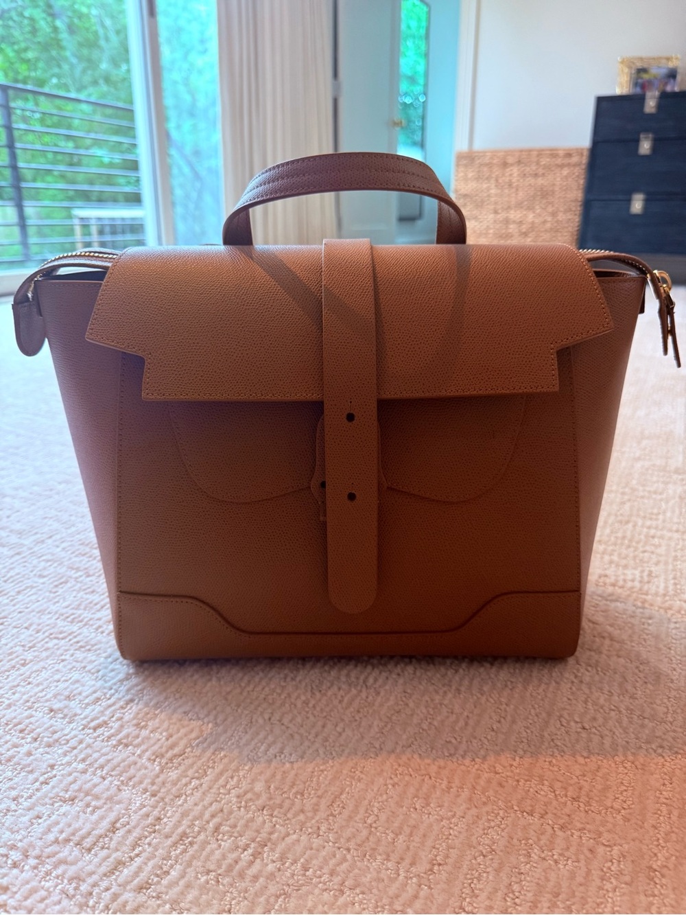 Senreve Structured Top-Handle Leather Satchel in Cognac Brown